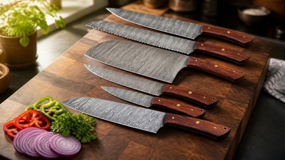 Handmade Damascus kitchen knife set with rosewood handles, including chef knife, bread knife and cleaver, on a walnut cutting board with sliced vegetables