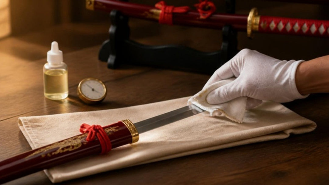 Gloved hand wiping the blade of a red and gold dragon display katana on a cotton cloth, with blade oil and a display stand nearby