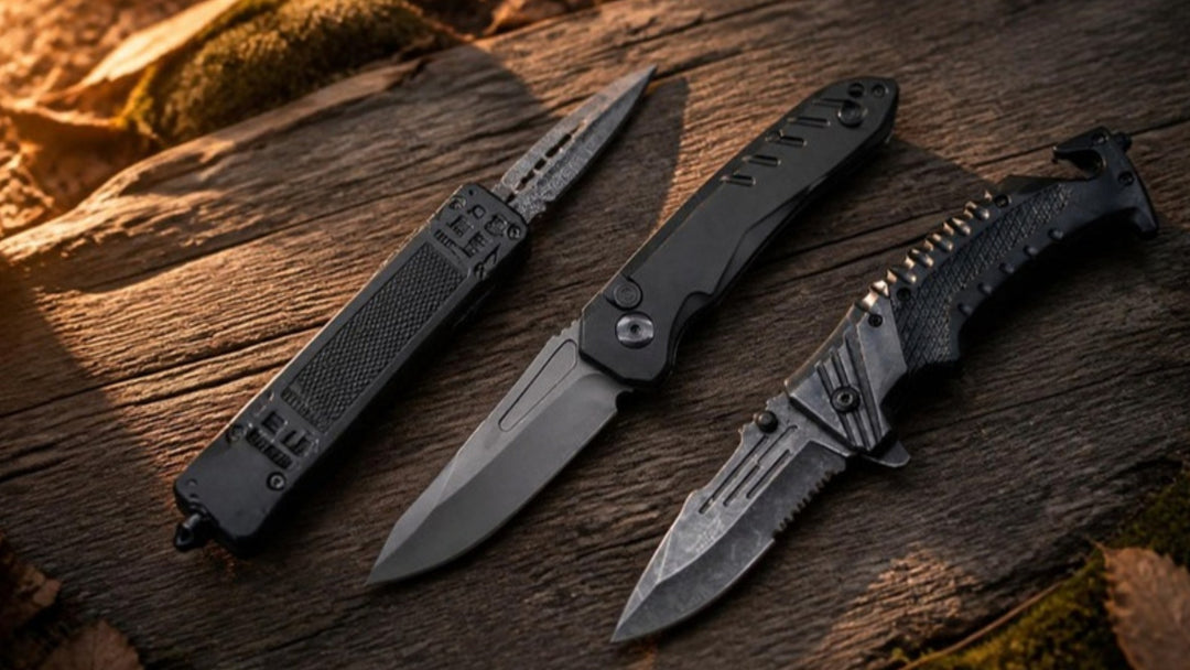 An OTF automatic knife, a side-opening automatic folder and a spring-assisted rescue folder laid side by side on a weathered oak table