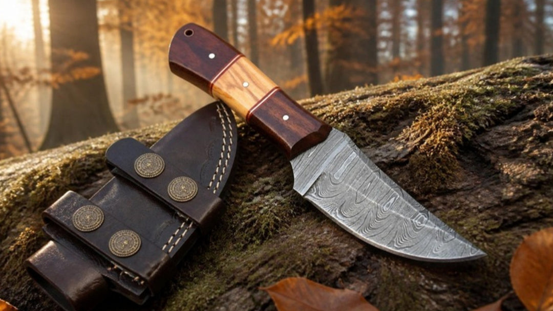Hand-forged Damascus survival knife with rose and olive wood handle on a mossy log beside its leather sheath in an autumn forest