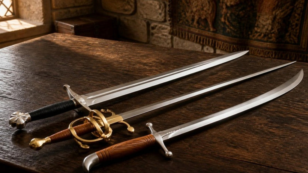 Medieval arming sword, brass-hilted rapier and wood-grip scimitar laid together on an oak table in a stone armory