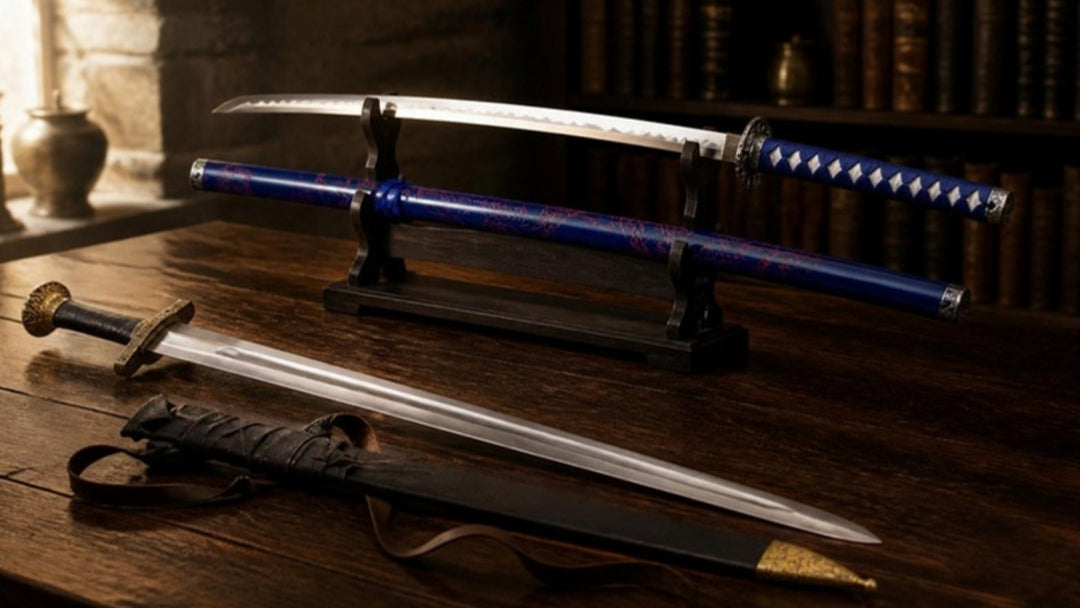 Hand-forged Viking sword with brass guard beside its leather scabbard, and a blue dragon katana on a display stand in a collector's study