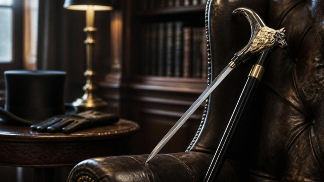 Wolf-head walking cane with its hidden sword blade drawn, resting against a leather armchair in a classic study