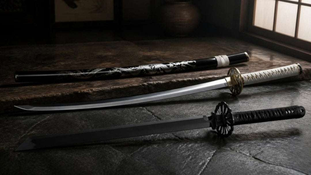 Curved katana with white handle wrap and gold tsuba beside a straight black ninja sword on a slate surface