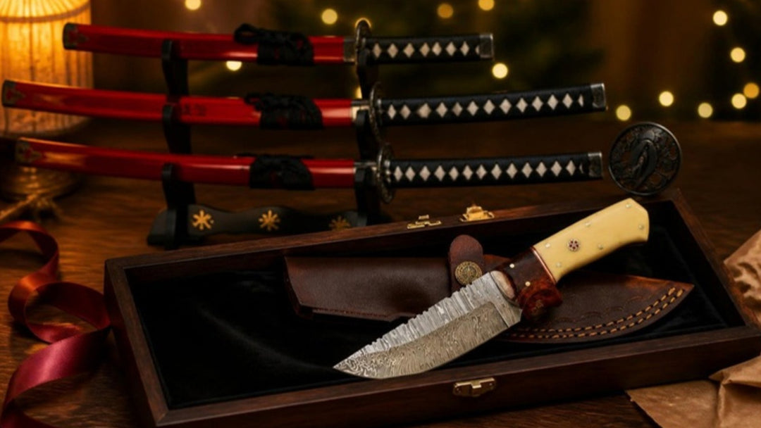 Damascus hunting knife with camel bone handle in an open wooden gift box, with a red samurai sword set on its stand behind