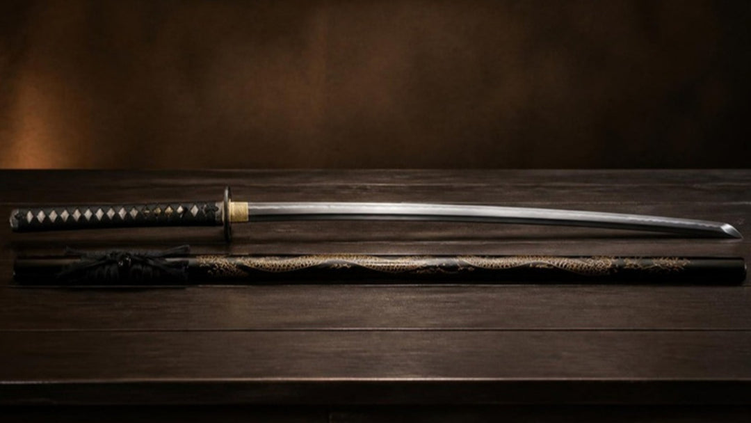 Full-length hand-forged katana laid above its black and gold dragon scabbard, showing handle, blade and overall length