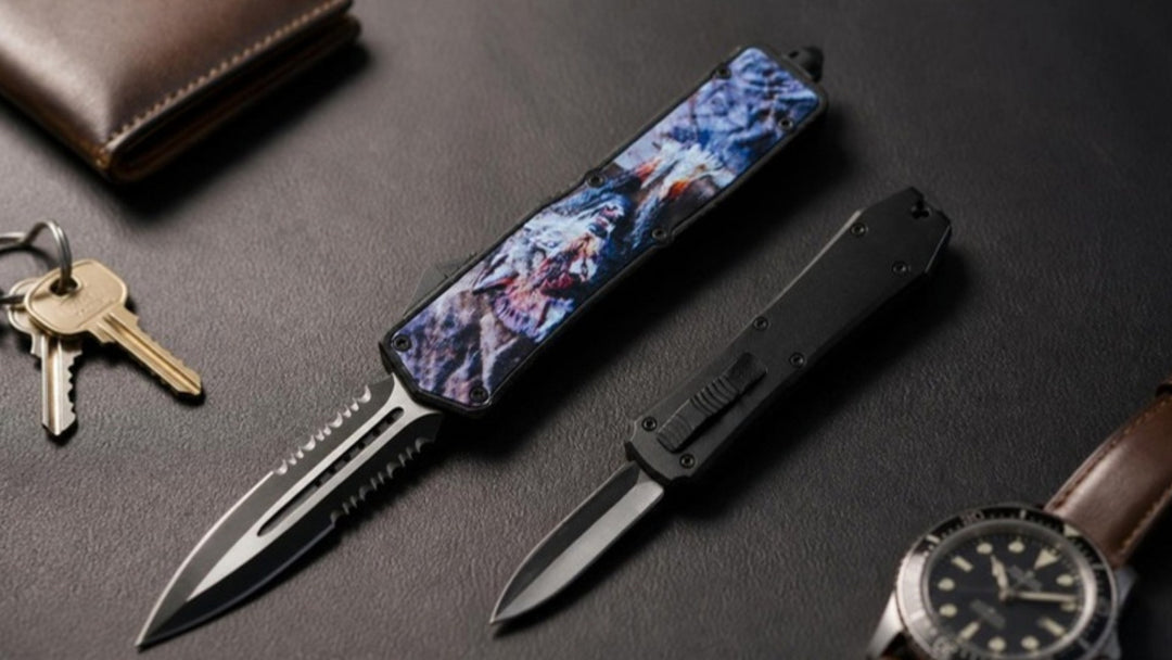 Full-size OTF knife with wolf artwork handle beside a smaller black mini OTF knife, with keys, wallet and watch for scale