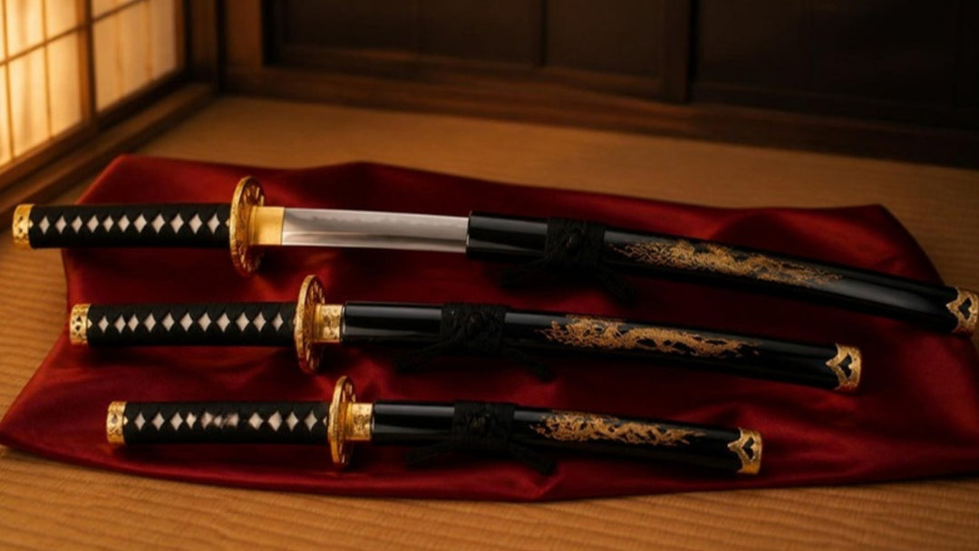 Three-piece samurai sword set with black and gold dragon scabbards, katana partly drawn, laid on red silk over tatami