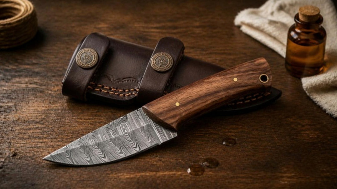 Hand-forged Damascus hunting knife with rose wood handle on a walnut workbench beside its leather sheath, polishing cloth and mineral oil