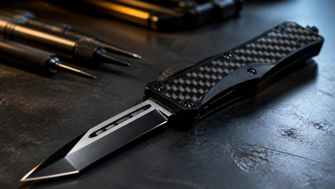 OTF automatic knife with carbon fiber handle and two-tone tanto blade extended out the front, on a dark workbench