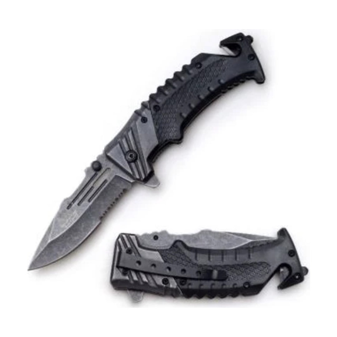 Black rescue-style spring assist folding knife shown open and closed