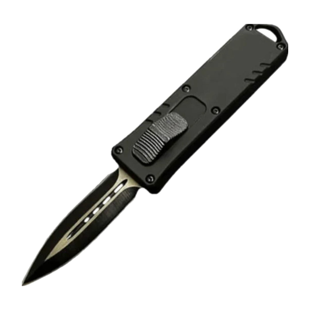 Black double-edge OTF automatic knife on a white background