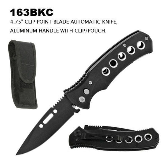 Side-Opening Automatic Knife 163BKC – Black Clip Point Blade, Black Aluminum Handle