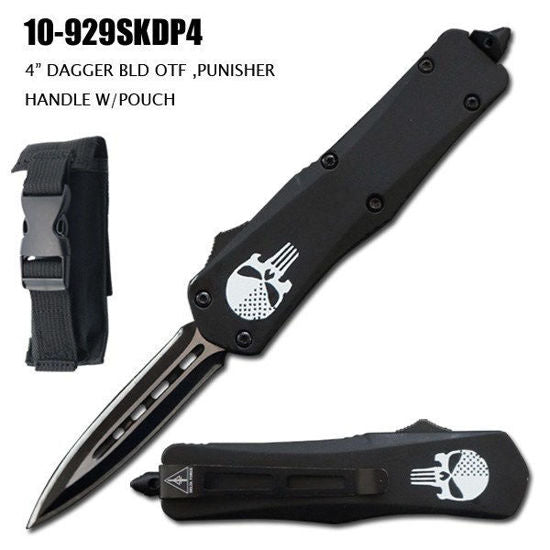 OTF Automatic Knife 929SKDP4 – Black Dagger Blade, Black Skull Logo Handle