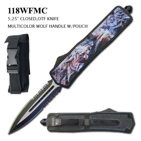 OTF Automatic Knife 118WFMC – Dagger Blade, Multicolor 3D Wolf Design Zinc Alloy Handle