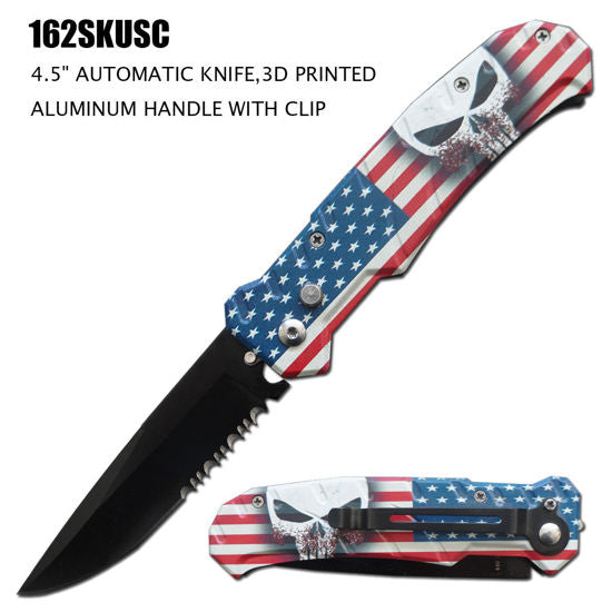 Side-Opening Automatic Knife 162SKUSC – Black Half-Serrated Blade, 3D Printed American Flag & Skull Aluminum Handle