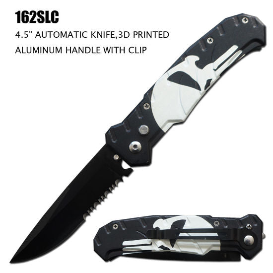 Side-Opening Automatic Knife 162SLC – Black Half-Serrated Blade, 3D Printed Skull Aluminum Handle