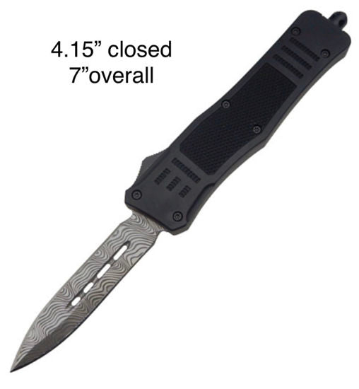 OTF Automatic Knife 122SBKDM – Damascus Pattern Dagger Blade, Black Zinc Alloy Handle