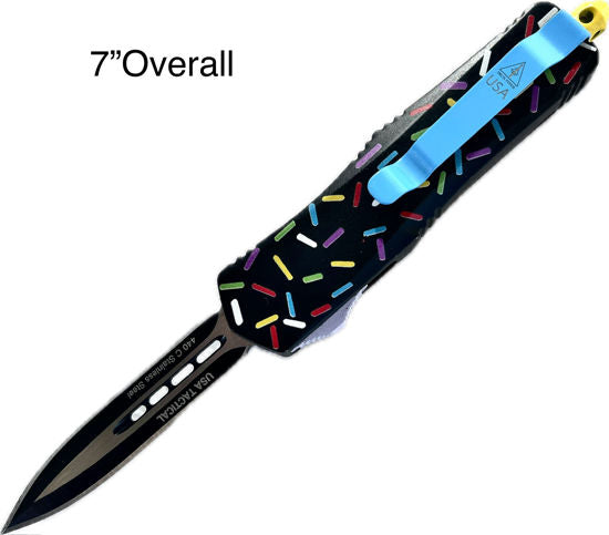 OTF Automatic Knife 9929SBKSP – Black Titanium-Coated Dagger Blade, Black 3D Printed Sprinkle Zinc Alloy Handle
