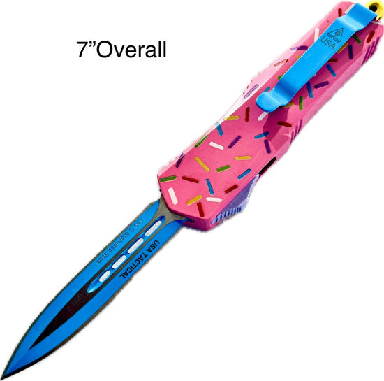 OTF Automatic Knife 929SPKSP – Blue Titanium-Coated Dagger Blade, Pink 3D Printed Sprinkle Zinc Alloy Handle