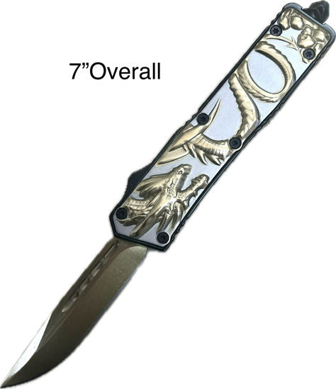 OTF Automatic Knife 115SGD – Drop Point Blade, Gold Stonewashed Dragon Design Handle