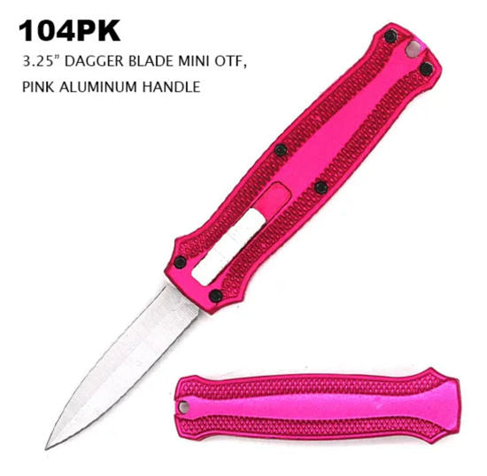 Mini OTF Automatic Knife 104PK – Silver Dagger Blade, Pink Aluminum Handle