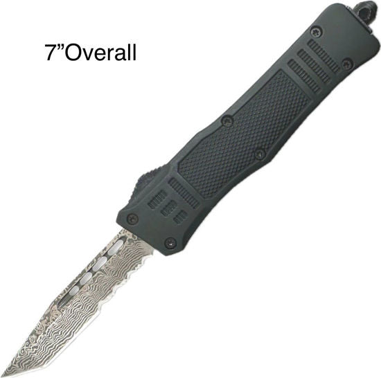 OTF Automatic Knife 112SBKTD – Damascus Pattern Serrated Tanto Blade, Black Handle