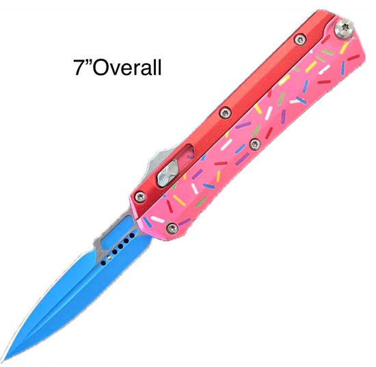 OTF Automatic Knife 445SRDSP – Blue Dagger Blade, Red & Pink Sprinkle Handle