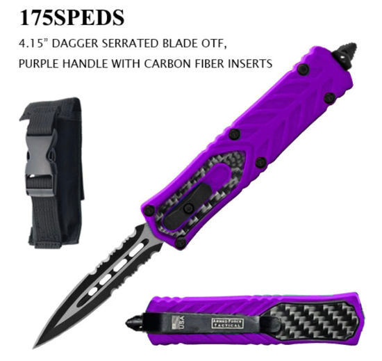 OTF Automatic Knife 175SPEDS – Serrated Dagger Blade, Purple Handle with Carbon Fiber Inserts