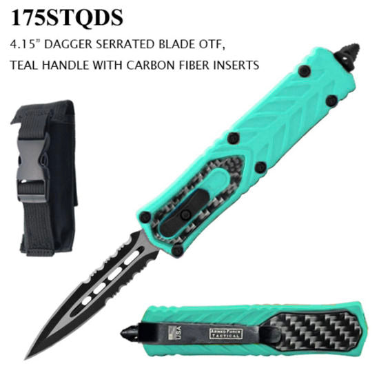 OTF Automatic Knife 175STQDS – Serrated Dagger Blade, Teal Handle with Carbon Fiber Inserts
