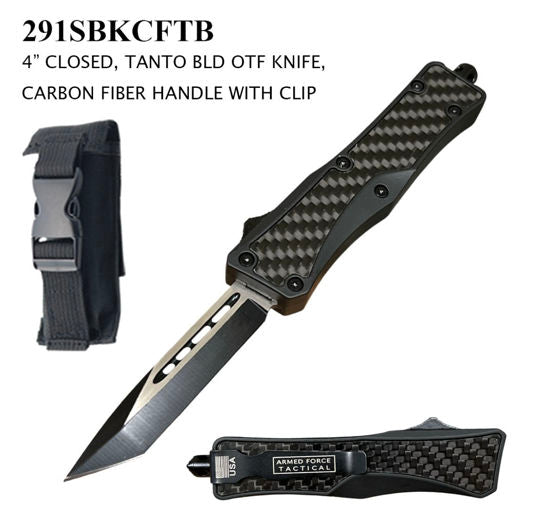 OTF Automatic Knife 291SBKCFTB – Two-Tone Tanto Blade, Black Zinc Alloy Handle with Carbon Fiber Scales