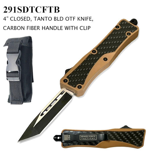 OTF Automatic Knife 291SDTCFTB – Two-Tone Tanto Blade, Tan Zinc Alloy Handle with Carbon Fiber Scales