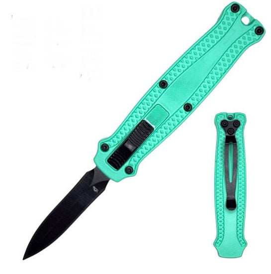 Mini OTF Automatic Knife 104TL – Black Dagger Blade, Teal Aluminum Handle