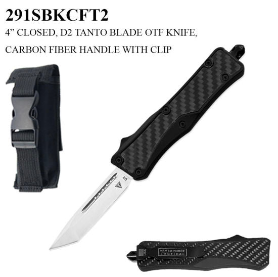 OTF Automatic Knife 291SBKG10 – D2 Steel Tanto Blade, Black Handle with Carbon Fiber Scales