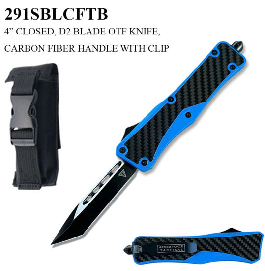 OTF Automatic Knife 291SBLCFTB – Two-Tone Tanto Blade, Blue Zinc Alloy Handle with Carbon Fiber Scales