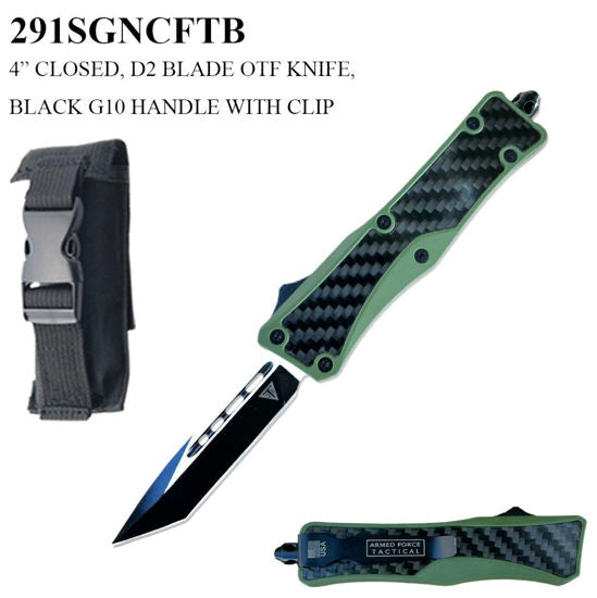 OTF Automatic Knife 291SGNCFTB – Two-Tone Tanto Blade, Green Zinc Alloy Handle with Carbon Fiber Scales