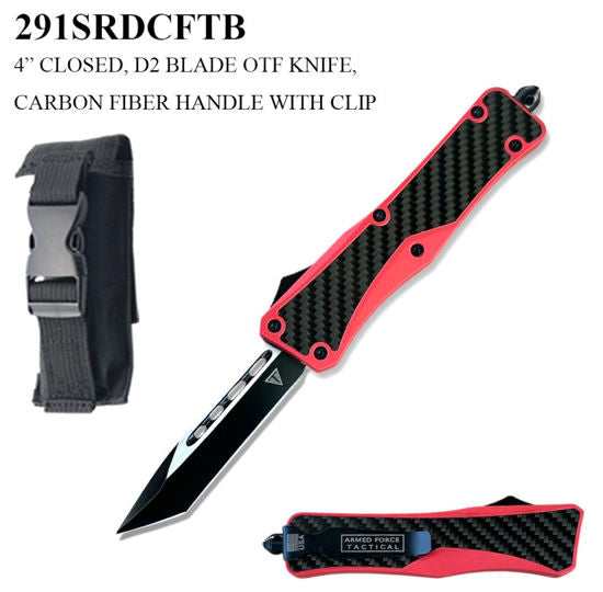OTF Automatic Knife 291SRDCFTB – Two-Tone Tanto Blade, Red Zinc Alloy Handle with Carbon Fiber Scales