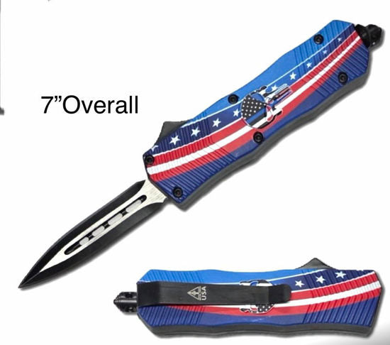 OTF Automatic Knife 2781 – Black Dagger Blade, Blue American Flag & Skull Handle