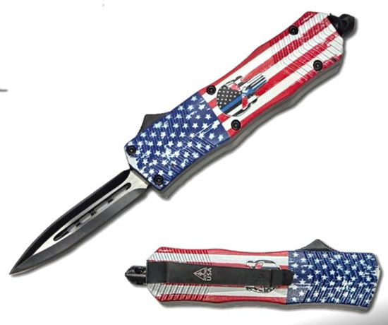 OTF Automatic Knife 2782 – Black Dagger Blade, Stars & Stripes American Flag & Skull Handle