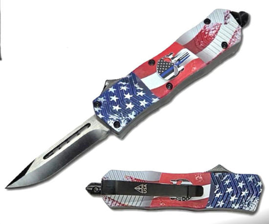 OTF Automatic Knife 2784 – Black Drop Point Blade, Red, White & Blue American Flag & Skull Handle