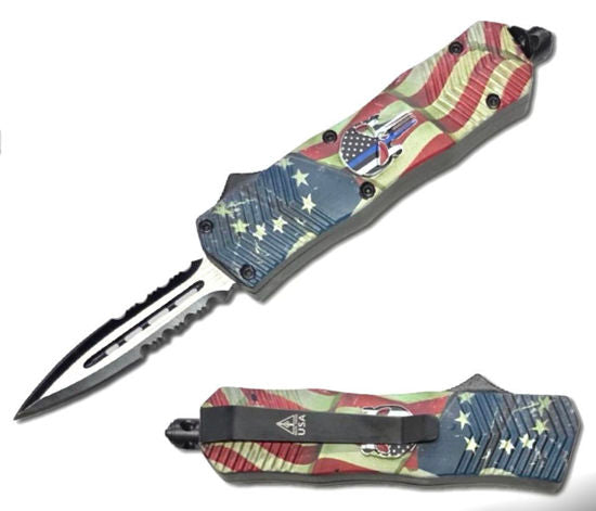 OTF Automatic Knife 2785 – Black Dagger Blade, Vintage American Flag & Skull Handle
