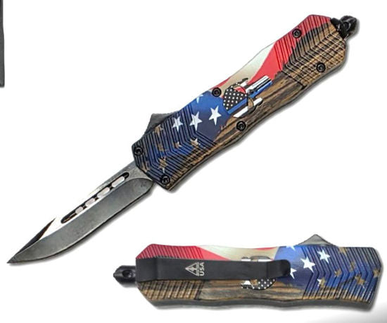 OTF Automatic Knife 2786 – Black Drop Point Blade, Tan American Flag & Skull Handle