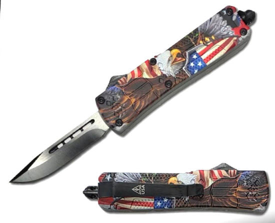 OTF Automatic Knife 2787 – Black Drop Point Blade, Eagle & American Flag Handle