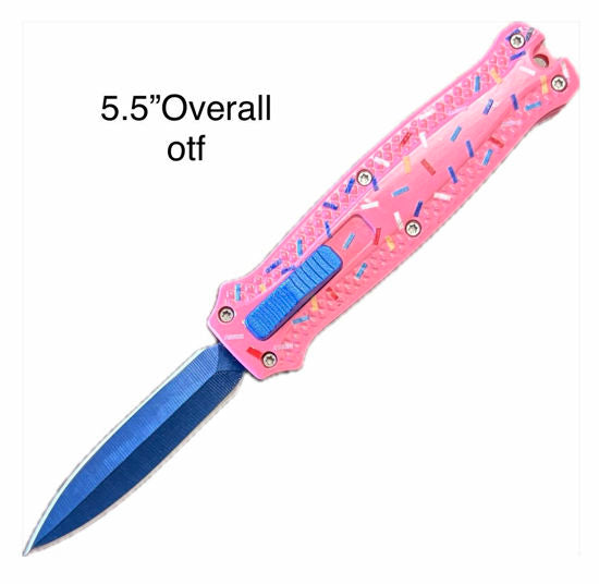Mini OTF Automatic Knife 104PKSD – Blue Dagger Blade, Pink Sprinkle Aluminum Handle