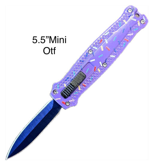 Mini OTF Automatic Knife 104PRSD – Blue Dagger Blade, Purple Sprinkle Aluminum Handle