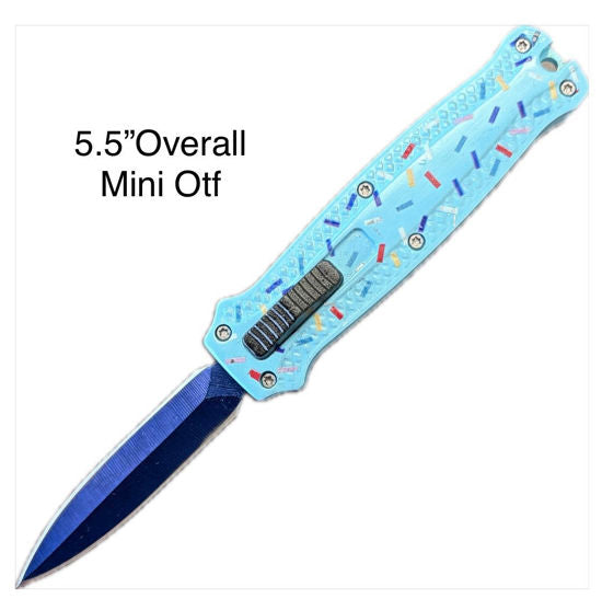 Mini OTF Automatic Knife 104TQSD – Blue Dagger Blade, Turquoise Sprinkle Aluminum Handle