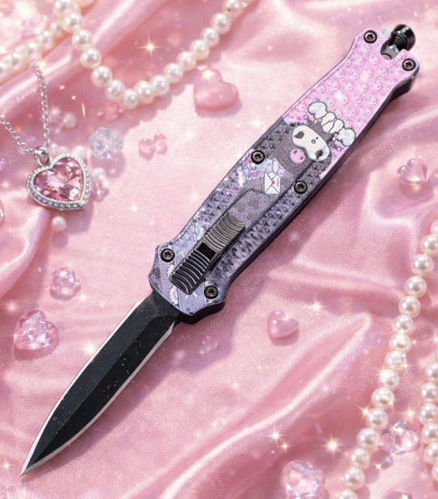 Mini OTF Automatic Knife 555HKBK – Black Dagger Blade, Purple Character Print Zinc Alloy Handle