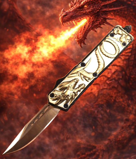 OTF Automatic Knife 115SGD – Drop Point Blade, Gold Stonewashed Dragon Design Handle