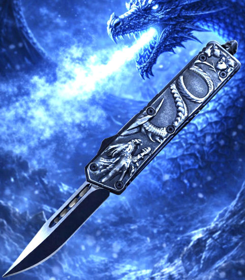 OTF Automatic Knife 115SWW – Stainless Steel Blade, Silver Dragon Design Handle