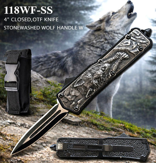 OTF Automatic Knife 118WF-SS – Dagger Blade, Stonewashed Wolf Design Handle